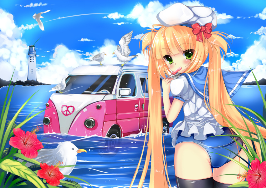 back bird blonde blonde_hair blush bow car cloud clouds duji_amo flower green_eyes hair_bow hat high_res highres holding lighthouse lollipop long_hair looking_at_viewer looking_back mizugi motor_vehicle no_pants ocean one-piece one-piece_swimsuit original partially_submerged plant popsicle sailor_hat school_swimsuit school_uniform seagull serafuku sky solo sucker sukumizu swimsuit swimsuit_under_clothes thighhighs twintails van vehicle very_long_hair water wet