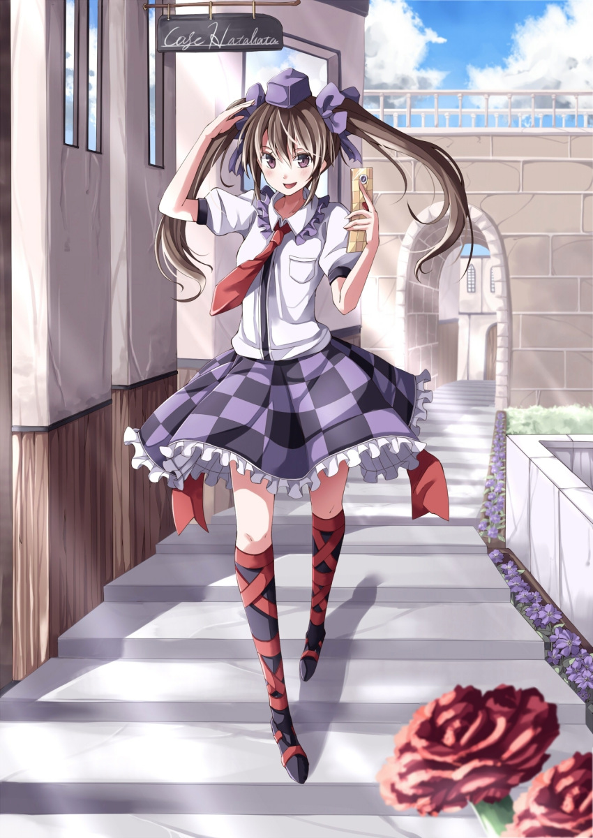 :d brown_eyes brown_hair cellphone checkered checkered_skirt flower gurasion_(gurasion) hat highres himekaidou_hatate holding open_mouth phone skirt smile solo stairs tokin_hat touhou twintails walking