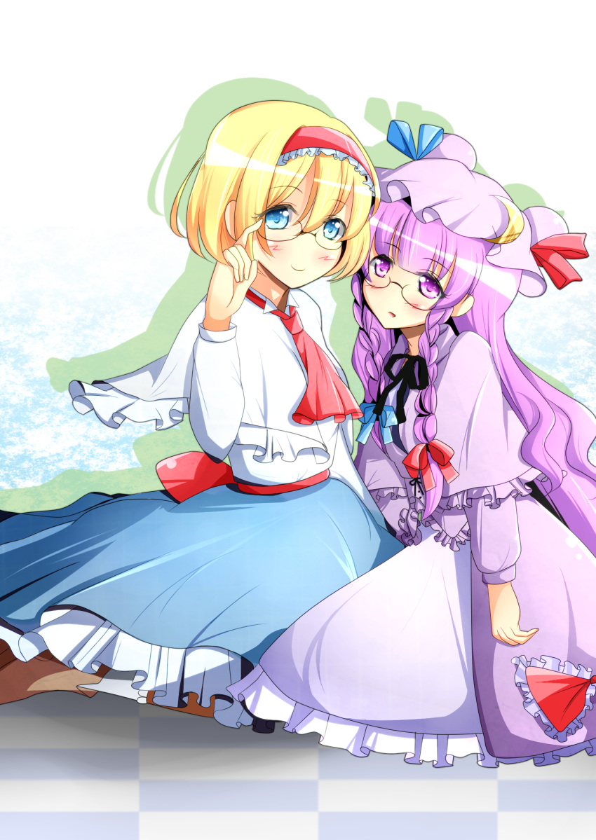 alice_margatroid alternate_hairstyle ascot bespectacled blonde_hair blue_eyes boots braid capelet checkered checkered_floor crescent ehimedaisuki frills glasses hair_ribbon hairband hat highres kneeling long_hair multiple_girls patchouli_knowledge purple_eyes purple_hair ribbon short_hair skirt smile touhou twin_braids very_long_hair violet_eyes