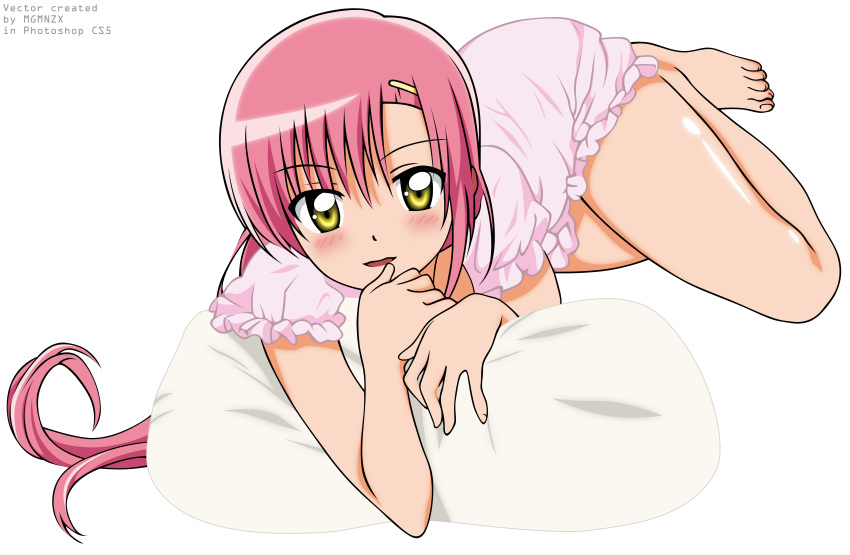 absurdres barefoot blush hayate_no_gotoku! highres katsura_hinagiku legs long_hair mgmnzx pajama pajamas photoshop pink_hair possible_duplicate smile thighs transparent_png vector vector_trace yellow_eyes