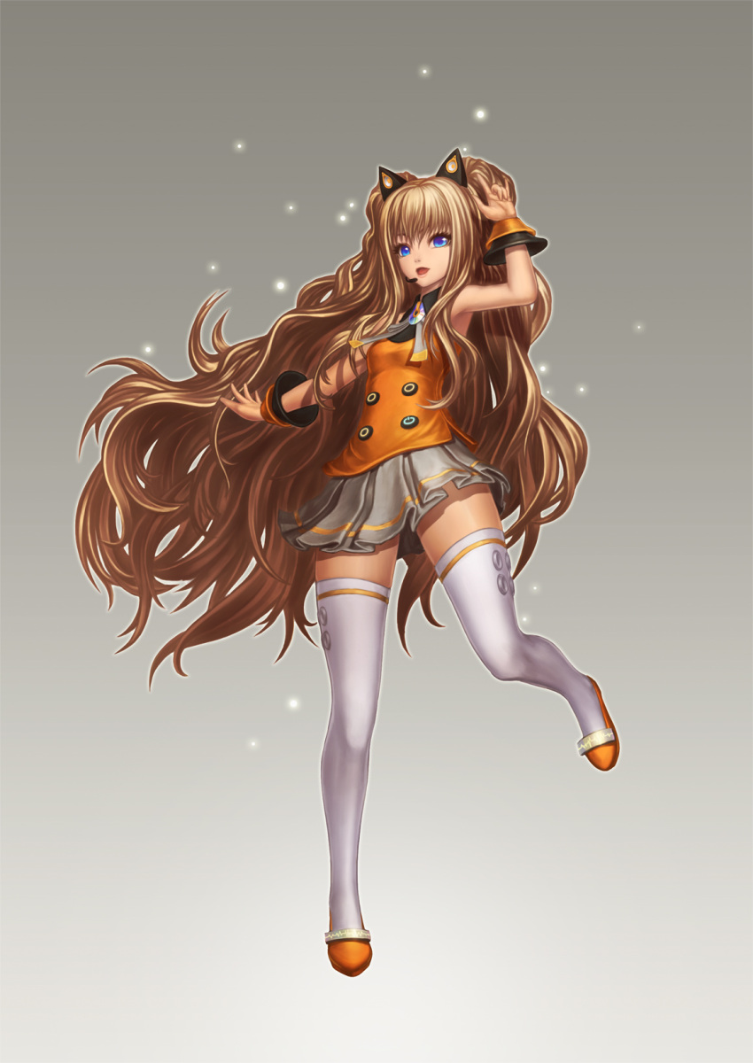 animal_ears bare_shoulders blonde_hair blue_eyes bracelet fake_animal_ears gencoupb headset highres jewelry long_hair open_mouth pleated_skirt seeu skirt solo thigh-highs thighhighs very_long_hair vocaloid white_legwear zettai_ryouiki