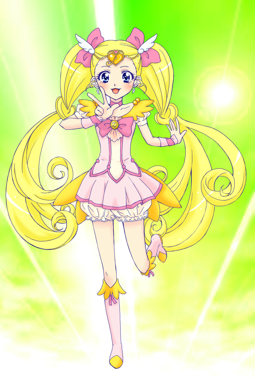 blonde_hair bloomers blue_eyes boots bow bowtie candy_(smile_precure!) choker circlet cure_candy dress green_background hair_bow highres long_hair magical_girl personification pink_dress precure skirt smile smile_precure! solo standing_on_one_leg toworun twintails v
