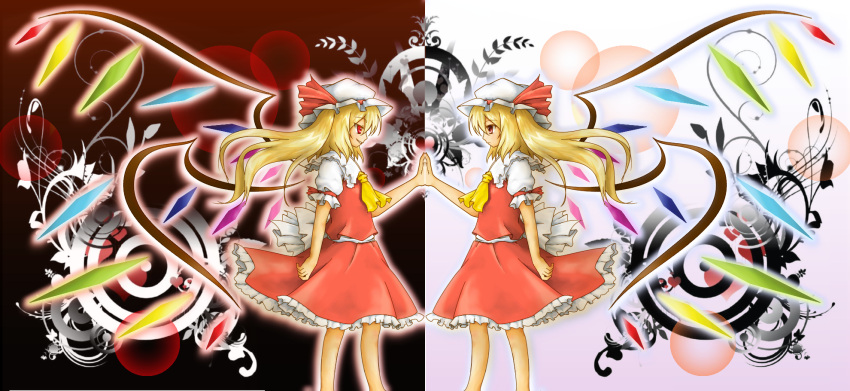 ascot blonde_hair dual_persona eye_contact flandre_scarlet grin hat highres long_hair looking_at_another miki_(mizuki) red_eyes smile touhou wings