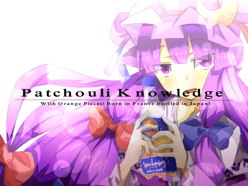 bangs blunt_bangs bottle bow bust capelet crescent english food fruit hair_bow hat highres long_hair looking_at_viewer open_mouth orange patchouli_knowledge purple_eyes purple_hair ribbon solo thesanaelove touhou violet_eyes