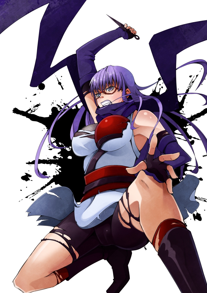 52ikaros absurdres arm_up bad_id bike_shorts blue_eyes boots breasts clenched_teeth gintama glasses gloves highres kunai large_breasts long_hair ninja purple_hair red-framed_glasses sarutobi_ayame scarf solo squatting weapon white_background