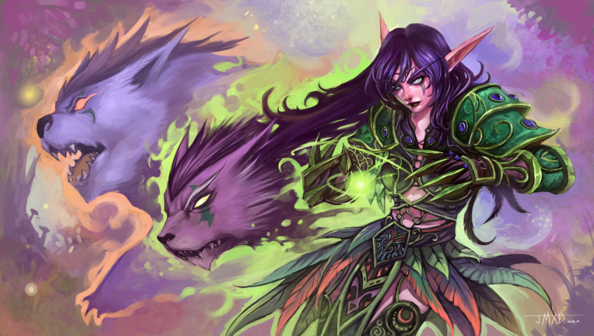armor bear cat claws elf feathers fire green_fire highres jimaoxiaodi long_hair night_elf pointy_ears purple_hair purple_skin warcraft wolf world_of_warcraft