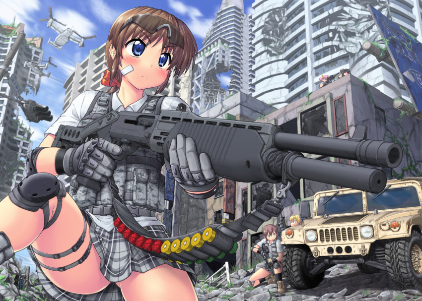 assault_rifle bandolier black_hair blonde_hair blue_eyes brown_hair destruction elbow_pads gloves gun hase_yu helicopter hummer jeep knee_pads load_bearing_vest m4_carbine motor_vehicle multiple_girls no_panties original pink_hair plaid plaid_skirt rifle shotgun skirt sling sniper_rifle spas-12 sunglasses trigger_discipline v-22_osprey vehicle vest weapon