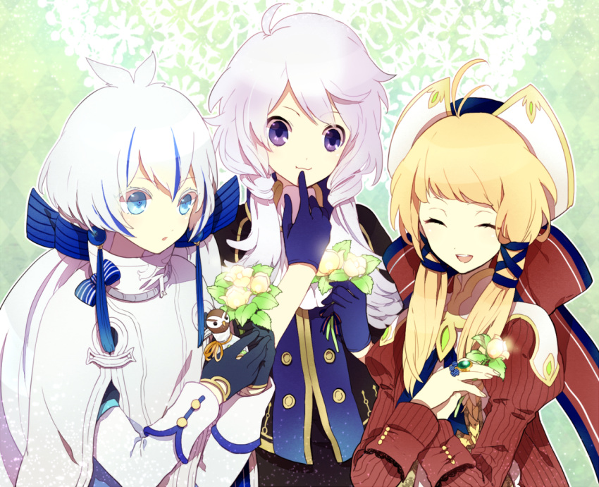 3girls animal aqua_eyes bird blonde_hair flower gloves hat kai28 long_hair pixiv_fantasia violet_eyes white_hair