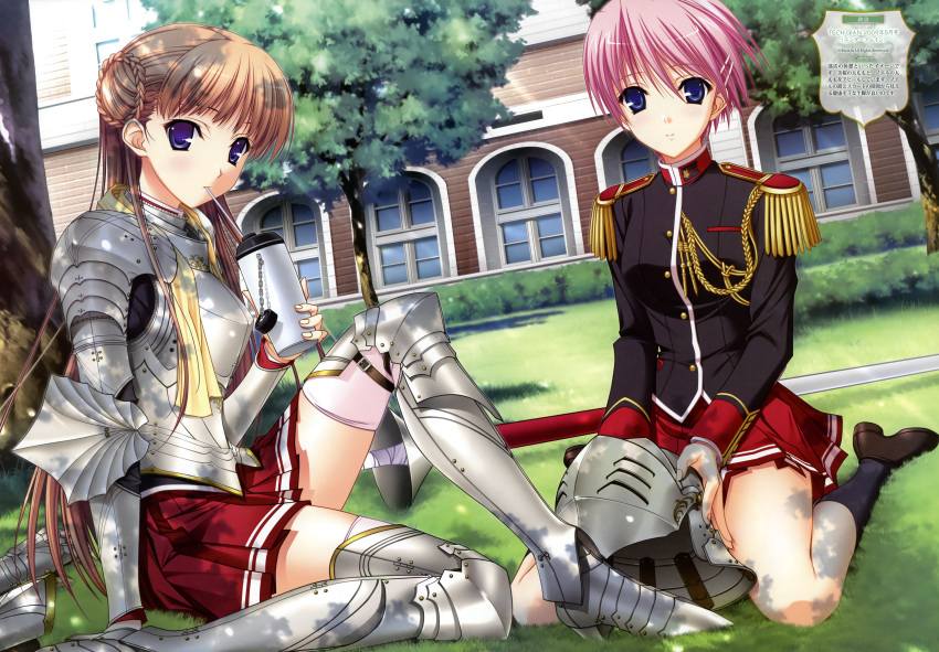 absurdres armor black_legwear blush breastplate brown_hair drink epaulettes gauntlets greaves helmet highres huge_filesize kisaki_mio komori_kei lance long_hair multiple_girls noel_maresse_ascot noel_marres_ascot pink_hair polearm purple_eyes ricotta school_uniform short_hair sitting skirt smile socks thigh-highs thighhighs vambraces violet_eyes visor_(armor) walkure_romanze weapon