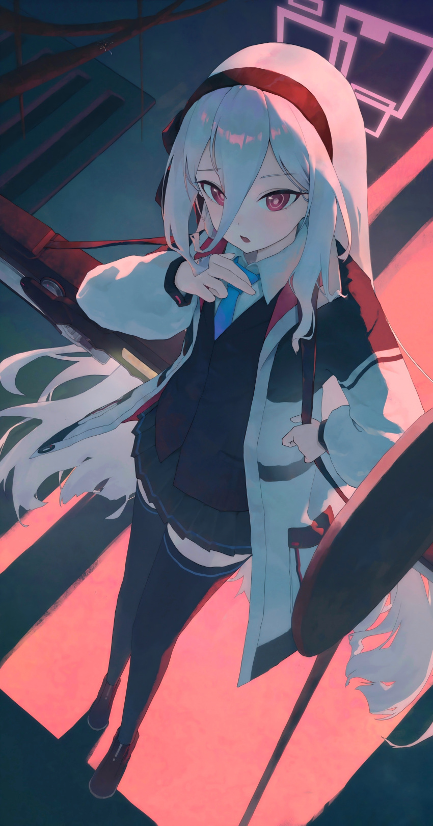 1girl absurdres black_hairband black_shoes black_skirt black_thighhighs blazer blue_archive blue_necktie chinese_commentary collared_shirt commentary_request dim_lighting dot_nose double-parted_bangs dress_shirt dutch_angle from_above full_body grate gun_sling hair_between_eyes hairband halo hand_on_own_chest hand_up highres holding_strap jacket kei_(blue_archive) kei_(student)_(blue_archive) long_hair long_hair_between_eyes long_sleeves looking_at_viewer looking_up loosely_tucked_bangs miniskirt multi-source_commentary necktie open_clothes open_jacket parted_lips pink_halo pink_pupils railgun rectangular_halo red_eyes sewer_grate shandian_yz shirt shoes skirt solo standing thigh-highs very_long_hair white_hair white_jacket white_shirt zettai_ryouiki