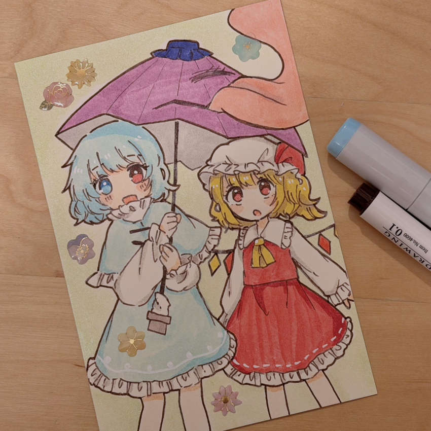 2girls :d :o absurdres aqua_capelet aqua_hair aqua_skirt art_tools_in_frame ascot blonde_hair blue_eyes capelet collared_shirt commentary_request flandre_scarlet flower frilled_shirt_collar frills hat heterochromia highres holding holding_umbrella marker marker_(medium) mob_cap multiple_girls open_mouth pink_flower purple_flower purple_umbrella red_eyes red_skirt ribbon-trimmed_skirt ribbon_trim salt_(saltty) shirt short_hair skirt smile tatara_kogasa tongue tongue_out touhou traditional_media umbrella white_hat white_shirt yellow_ascot yellow_flower