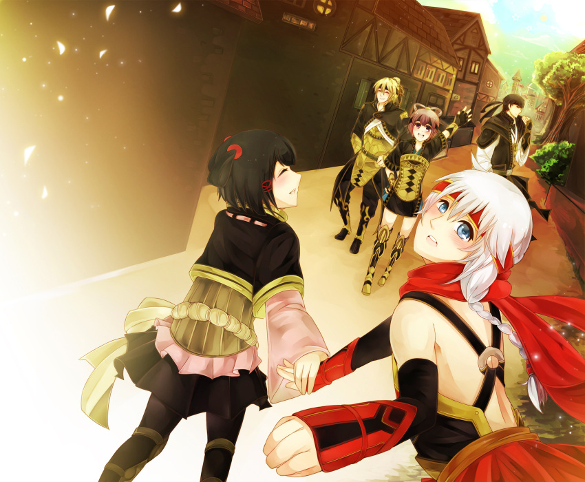 3boys :d armor black_hair blush boots cheesecake closed_eyes eating eyes_closed fingerless_gloves freyjadour_falenas gensou_suikoden gensou_suikoden_v georg_prime gloves hand_holding hand_on_hip headband highres hips holding_hands kyle looking_back lyon miakis multiple_boys multiple_girls open_mouth pantyhose purple_eyes purple_hair ruminett short_hair skirt smile thigh-highs thigh_boots thighhighs violet_eyes waving