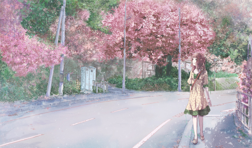 :o bag brown_hair cherry_blossoms collarbone dress flat_chest flats green_eyes ichika11030 looking_up open_mouth original pink puffy_sleeves road satchel scenery sidewalk solo spring_(season) telephone_pole tree walking