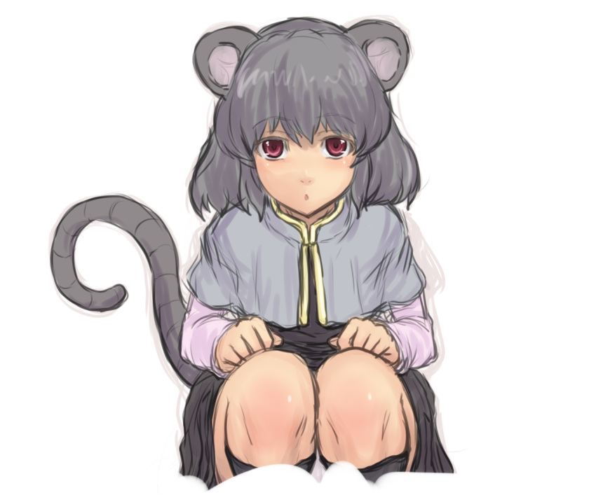:o animal_ears capelet grey_hair kuro_suto_sukii looking_at_viewer mouse_ears mouse_tail nazrin red_eyes short_hair simple_background solo squatting tail touhou white_background