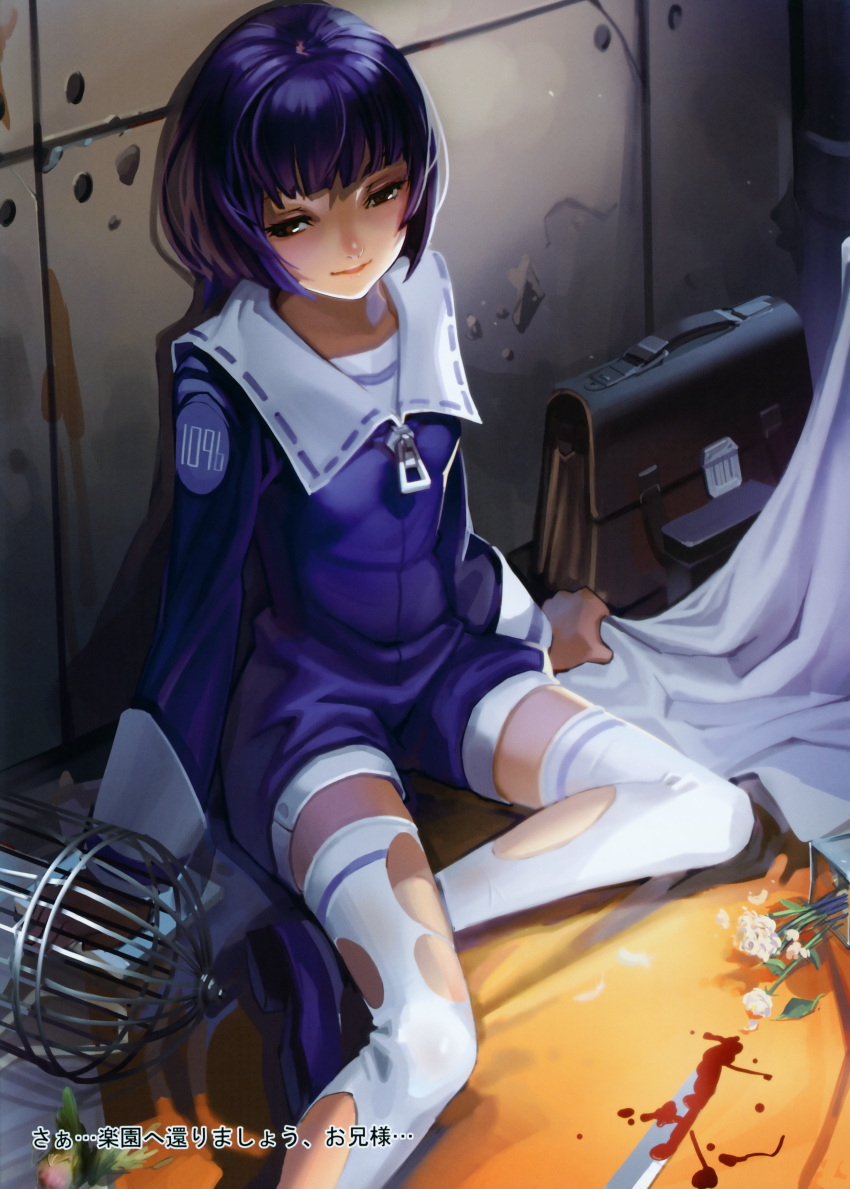 absurdres alphonse alphonse_(white_datura) arm_support bag bangs birdcage blood blue_hair blunt_bangs blush bob_cut brown_eyes cage elysion face flower highres huge_filesize knife legs lips moe_syoujyo_ryouiki short_hair shorts sitting smile solo soror sound_horizon thigh-highs thighhighs torn_clothes torn_thighhighs translated translation_request white_legwear