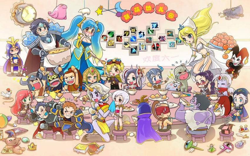 6+girls :d ? age_regression amumu annotated armor artist_request ashe_(league_of_legends) blonde_hair blue_eyes blue_hair blush boar book bottle bowl breasts bristle brown_eyes brown_hair cape cassiopeia_du_couteau cleavage clock closed_eyes corki crown darius_(league_of_legends) dr._mundo eating emilia_leblanc everyone ezreal fighting food fruit garen_crownguard gem goggles gradient_hair green_eyes grey_hair hood hooves horn horned_helmet horns hovering irelia jack-in-the-box janna_windforce katarina_du_couteau knife ladle league_of_legends lee_sin long_hair master_yi meat midriff multicolored_hair multiple_boys multiple_girls mummy open_mouth pinwheel plate pointy_ears ponytail pot potion purple_eyes purple_hair purple_skin red_hair redhead riven_(league_of_legends) scarf sejuani shaco shauna_vayne short_hair silver_hair slit_pupils smile sona_buvelle soraka spoon staff stool stuffed_animal stuffed_toy sunglasses sweatdrop sword table taric tears teddy_bear translated tryndamere twintails urf varus vayne very_long_hair volibear weapon white_hair wink xin_zhao zilean