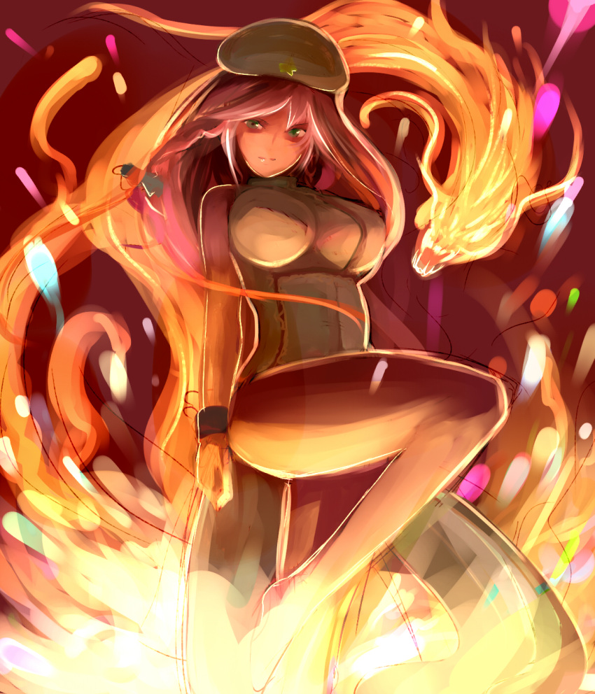 1girl bare_shoulders breasts dearmybrothers dragon ex-meiling fire green_eyes hat highres hong_meiling long_hair red_hair redhead smile solo star touhou