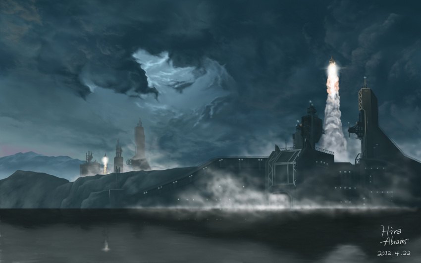 clouds halo:_reach halo_(game) highres hira_(zlpabrams) launching liftoff military_base night no_humans scenery science_fiction ship space_craft water