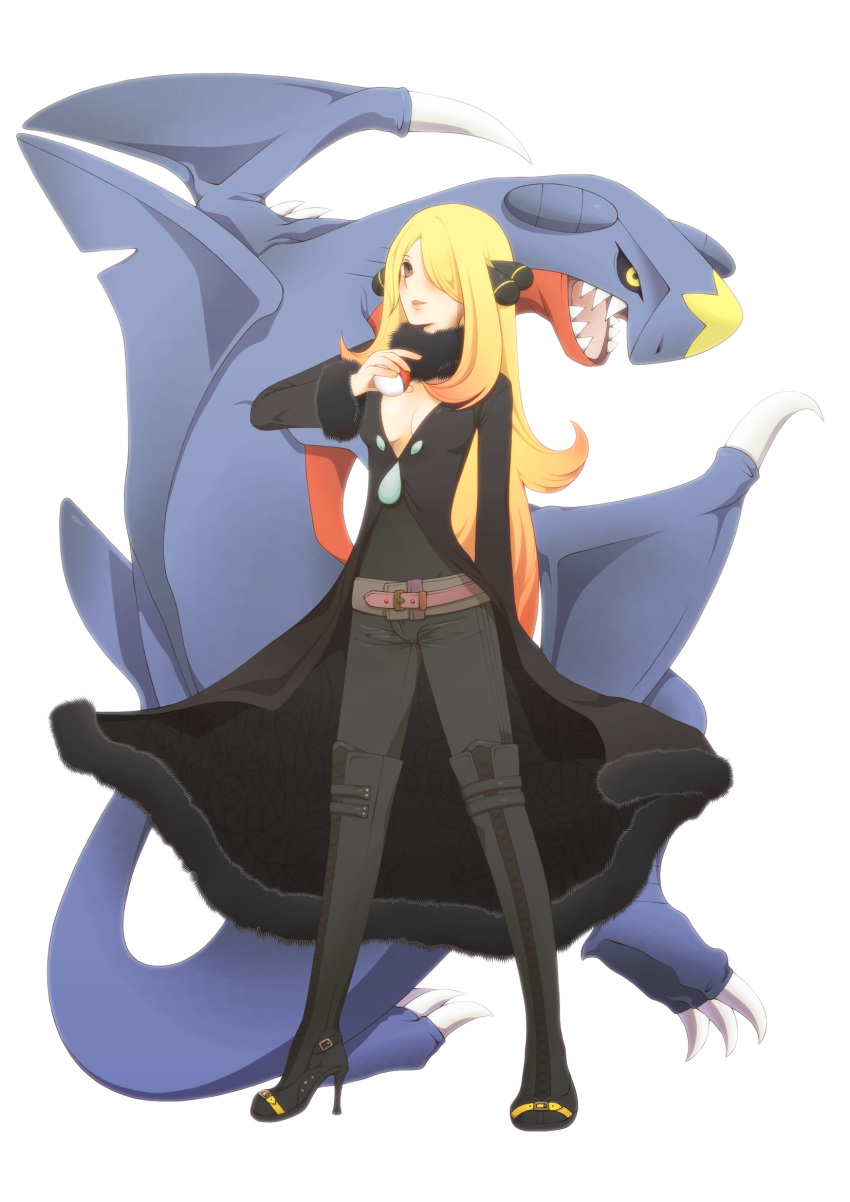 belt blonde_hair boots breasts cleavage feather_boa flower full_body fur_trim garchomp hair_ornament hair_over_one_eye high_heels highres holding holding_poke_ball lobo_(artist) long_hair nintendo poke_ball pokemon pokemon_(game) pokemon_dppt shirona_(pokemon) shoes