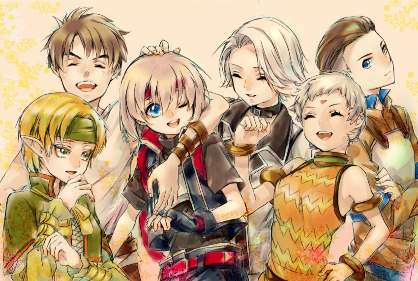 4boys :d armlet armor blonde_hair blue_eyes bracelet brown_hair choker closed_eyes crossed_arms elf eyes_closed facial_mark fingerless_gloves forehead_mark gensou_suikoden gensou_suikoden_iv gloves green_eyes hand_on_head hand_on_hip headband hips ichiko_milk_tei jewel_(suikoden) jewelry keneth laughing lazlo multiple_boys multiple_girls open_mouth paula_(suikoden) pointy_ears short_hair silver_hair smile snowe_vingerhut tal vest wink