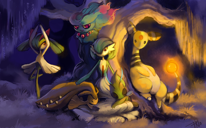 ampharos arms_up celebi closed_eyes creature dancing dark floating gardevoir ghost glowing grass hand_on_another's_head highres huge_filesize kirlia light mawile misdreavus nature night no_humans on_stomach outdoors pokemon pokemon_(creature) posing purplekecleon red_eyes signature sitting sleeping smile teeth tree willow