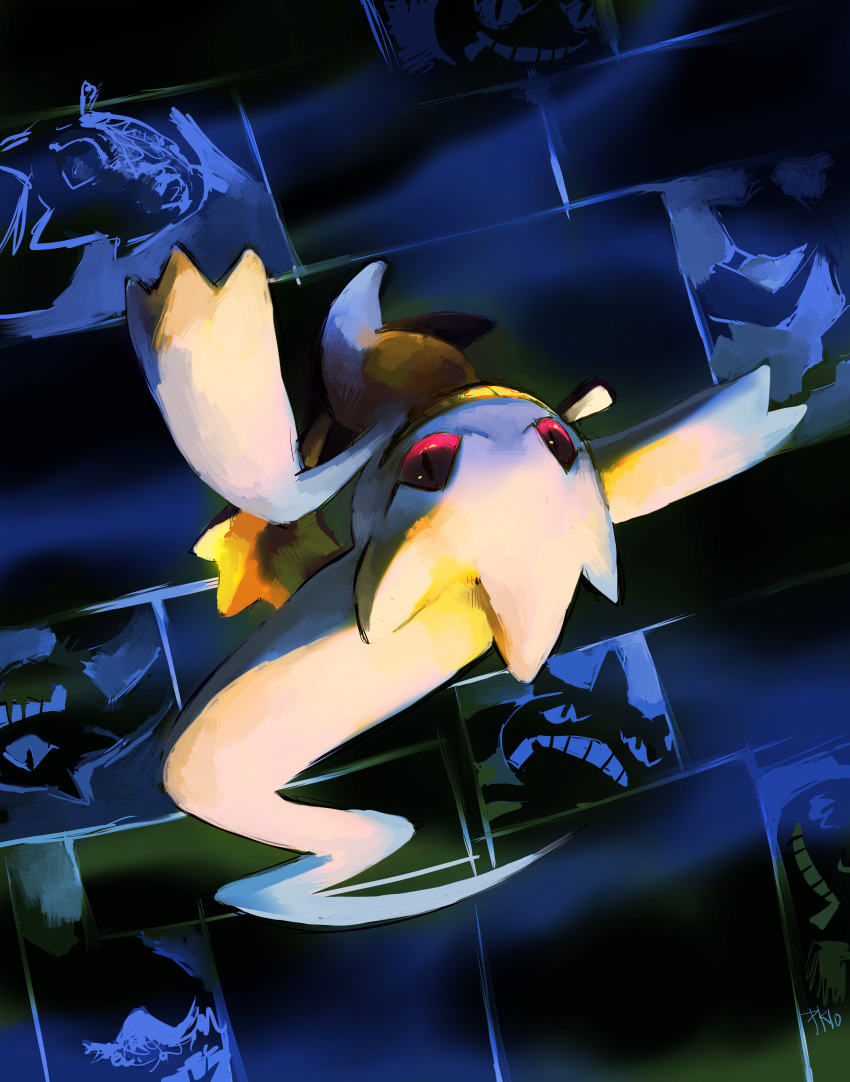 abstract_background absurdres alternate_color banette blue_background commentary creature ghost highres no_humans not_shiny_pokemon pokemon pokemon_(creature) purplekecleon red_eyes solo upside-down