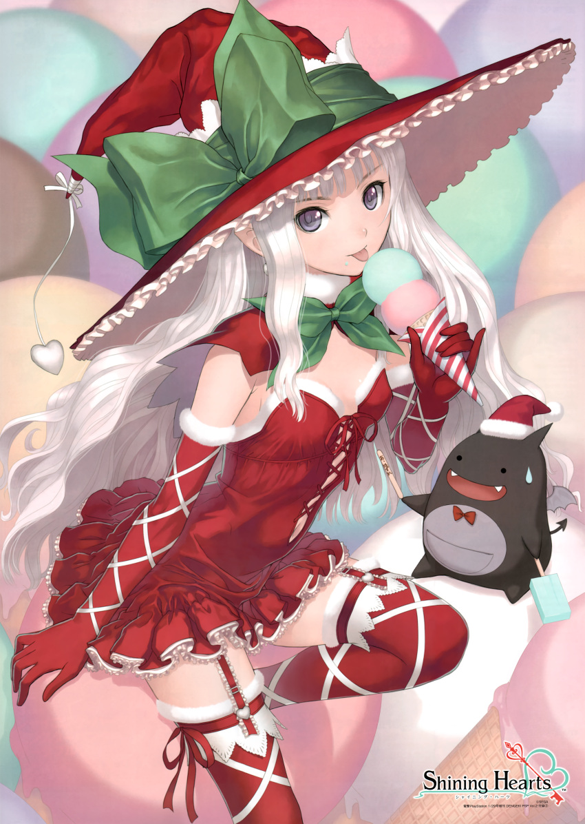 :p absurdres bare_shoulders blue_eyes christmas devil dress elbow_gloves elf fixed food gloves hat heart highres huge_filesize ice_cream ice_cream_cone lolita_fashion melty melty_(shining_hearts) no_bra sega shining_(series) shining_hearts shining_world sorbe sorbe_(shining_hearts) stockings sweatdrop taka_tony tanaka_takayuki thigh-highs thighhighs tongue tony_taka witch witch_hat