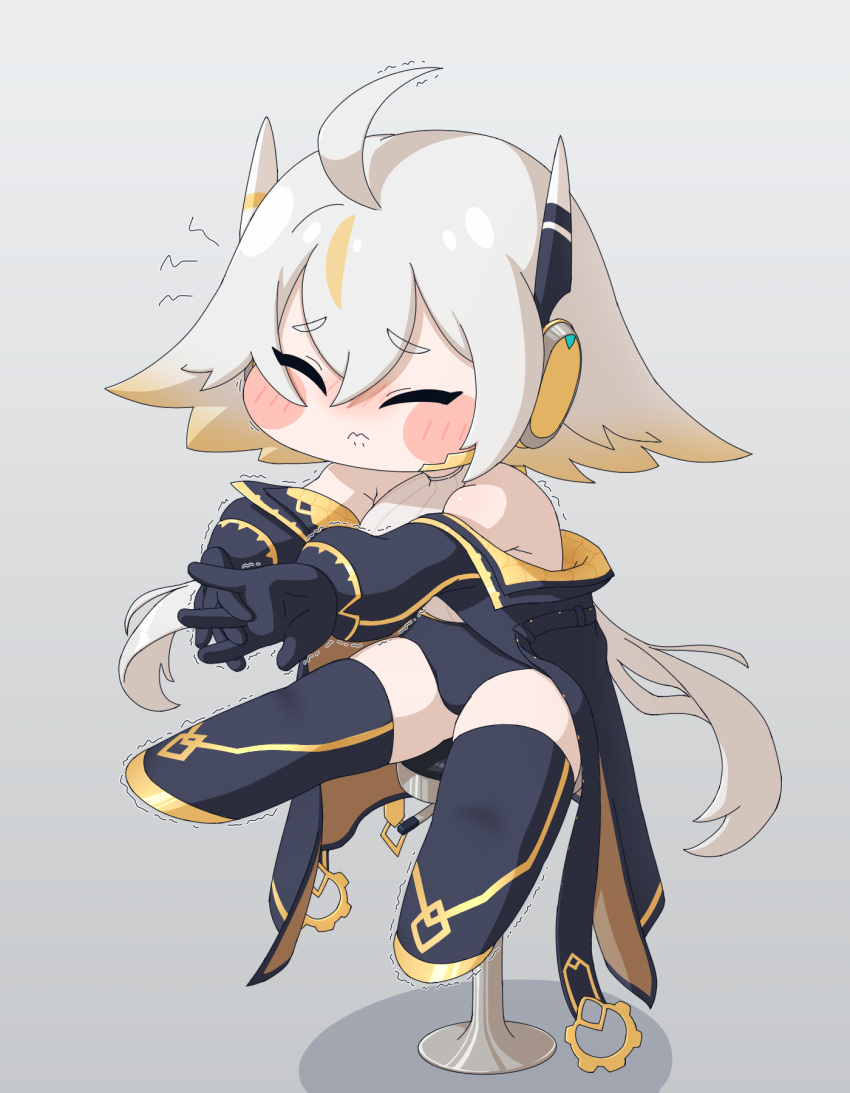 1girl ahoge black_boots black_buruma black_coat black_gloves blonde_hair blonde_streaks blush_stickers boots buruma chibi closed_eyes coat colored_tips commentary_request drive_line gloves grey_background grey_hair hair_between_eyes headset highres long_sleeves multicolored_hair off_shoulder on_stool renewa_(trickcal) simple_background sitting solo stool streaked_hair stretching thigh_boots trickcal two-sided_coat two-sided_fabric yellow_coat