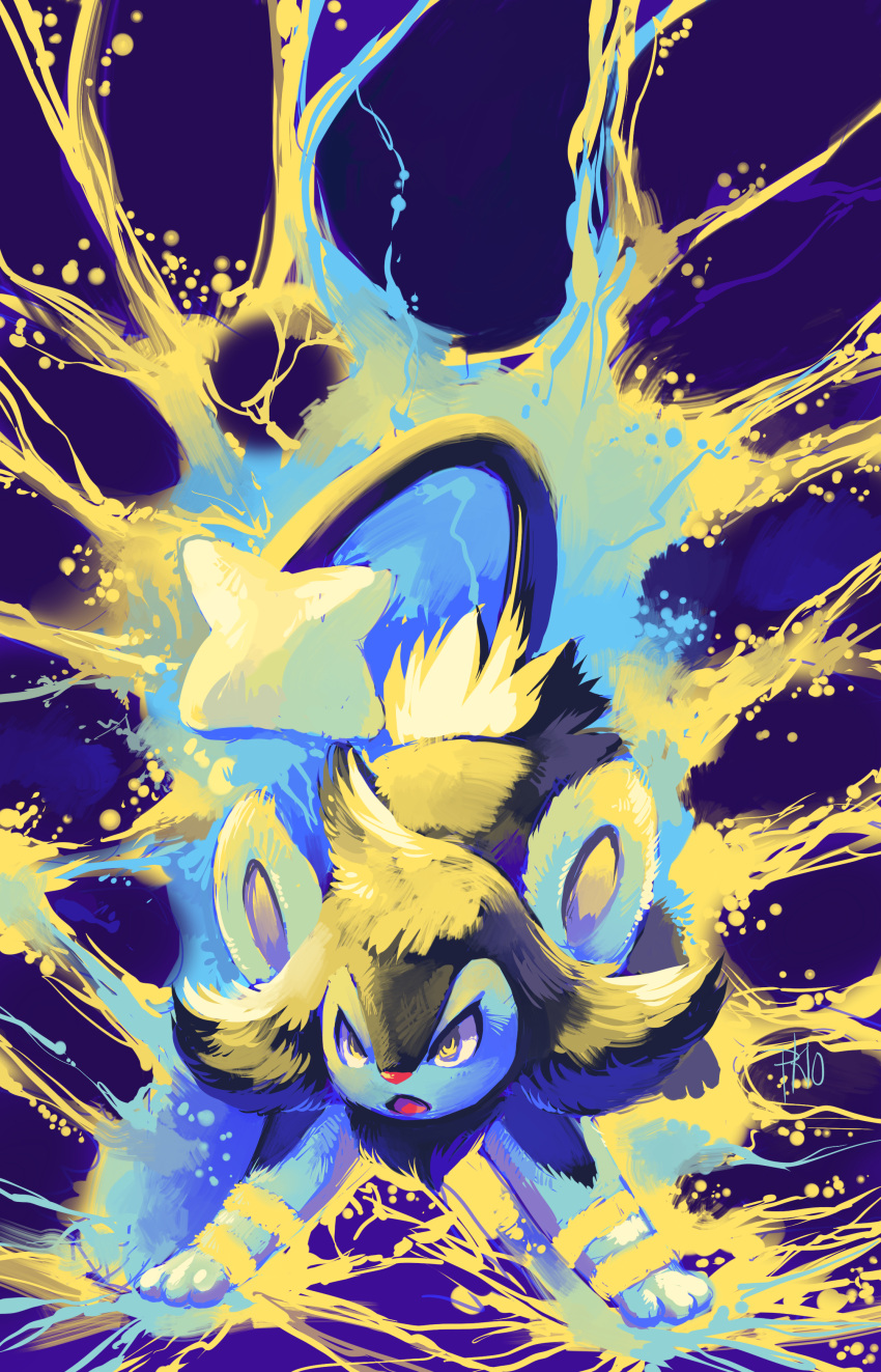 commentary creature electricity full_body highres looking_at_viewer luxio no_humans pokemon pokemon_(creature) purple_background purplekecleon signature solo