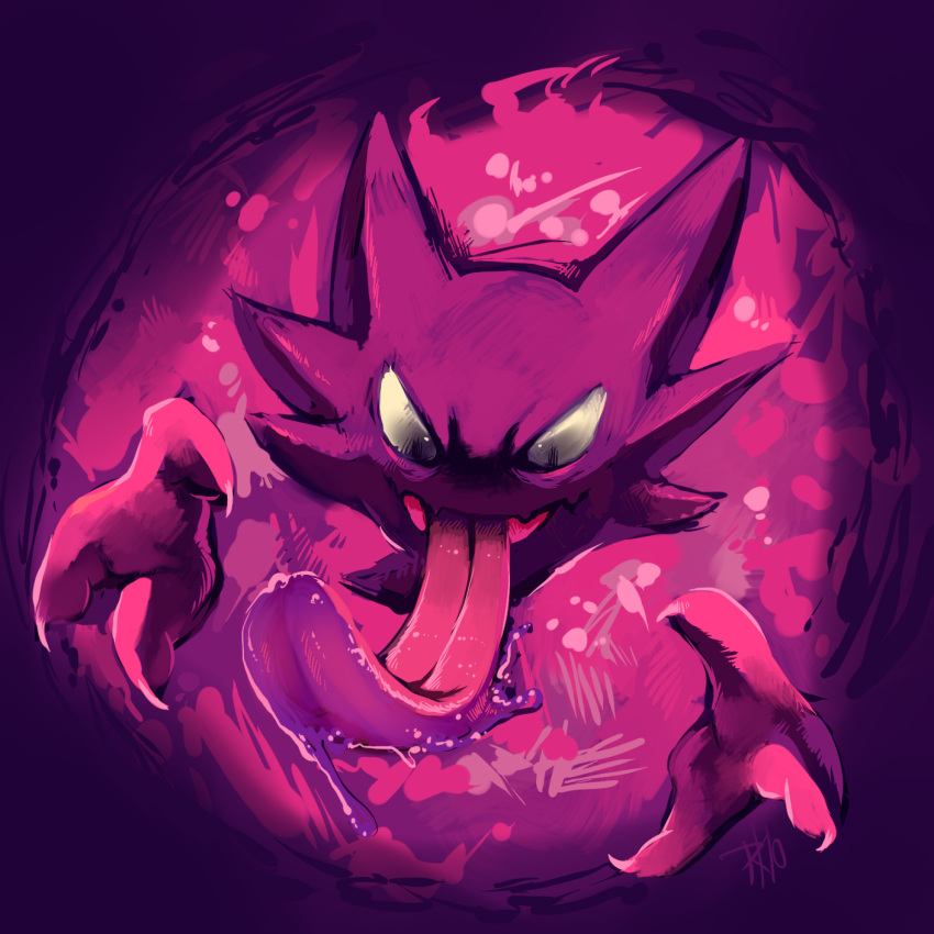 commentary evil ghost haunter highres no_humans pokemon pokemon_(creature) purple purple_background purplekecleon saliva solo tongue tongue_out