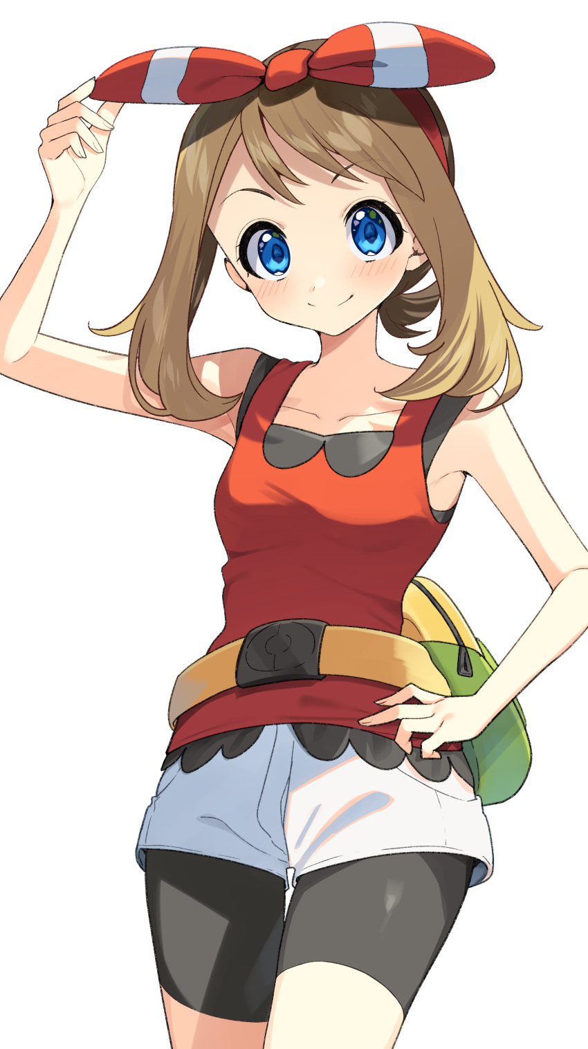 1girl :d absurdres blush bow bow_hairband breasts brown_hair commentary_request fanny_pack grey_eyes hair_bow hairband hand_on_own_hip highres looking_at_viewer may_(pokemon) medium_breasts open_mouth pokemon pokemon_omega_ruby_and_alpha_sapphire red_bow red_hairband red_shirt shirt short_hair sleeveless sleeveless_shirt smile solo upper_body white_background yuihico