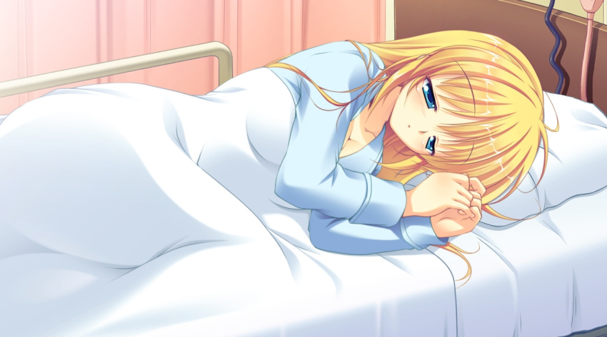 bed blonde_hair blue_eyes game_cg manatsu_no_yoru_no_yuki_monogatari mikeou pajama pillow possible_duplicate sleeping