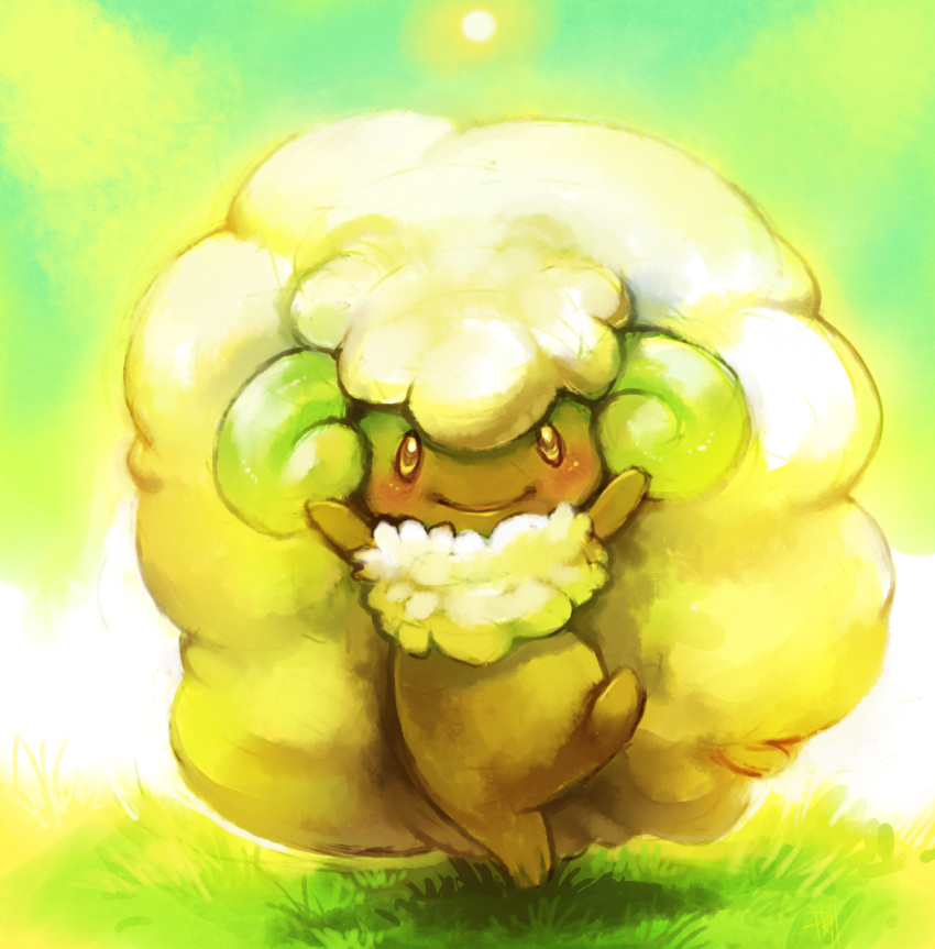 absurdres arms_up commentary creature full_body grass green highres leg_up light looking_at_viewer no_humans outstretched_arms pokemon pokemon_(creature) purplekecleon shadow sheep smile solo standing standing_on_one_leg sun whimsicott yellow
