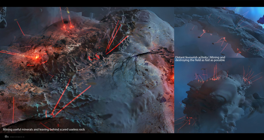 asteroid asteroid_field blue_background boulder clouds commentary company_logo company_name concept_art crack daniel_matthews dated energy energy_beam english_commentary english_text eve_online floating floating_object floating_rock frigate_(eve_online) glowing grand_scale harvesting_ship_(eve_online) highres landscape laser letterboxed logo mining mountain no_humans official_art outdoors outer_ring_excavations_(eve_online) photoshop_(medium) rock scenery science_fiction space spacecraft
