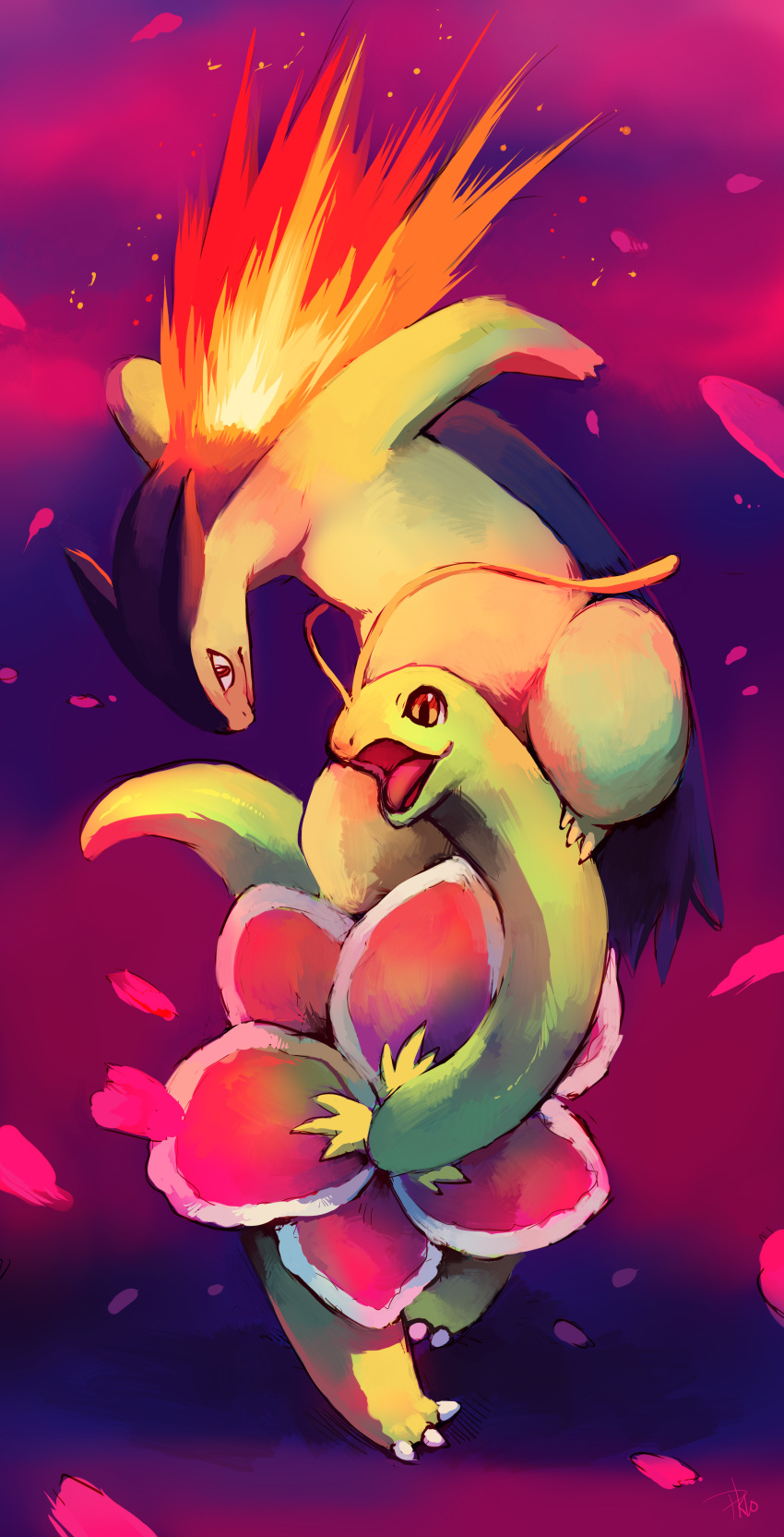 absurdres commentary creature fire highres looking_away meganium no_humans open_mouthb petals pink_background pokemon pokemon_(creature) purple_background purplekecleon signature typhlosion