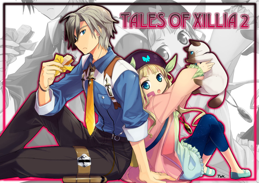 1girl animal back-to-back back_to_back black_hair blonde_hair blue_eyes bracelet brown_hair capri_pants cat coat dress elle_mel_martha food hat jewelry long_hair ludger_will_kresnik lulu_(tales_of_xillia_2) multicolored_hair necklace necktie open_mouth pants ribbon ripodpotato shoes short_hair sleeves_rolled_up suspenders tales_of_(series) tales_of_xillia tales_of_xillia_2 title_drop twintails zoom_layer