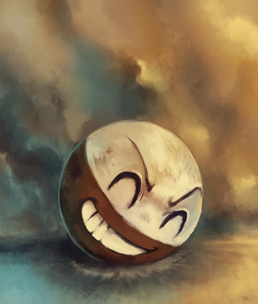 &gt;:) &gt;:d closed_eyes commentary creature electrode grin highres no_humans open_mouth pokemon pokemon_(creature) purplekecleon sepia_background smile smoke solo teeth