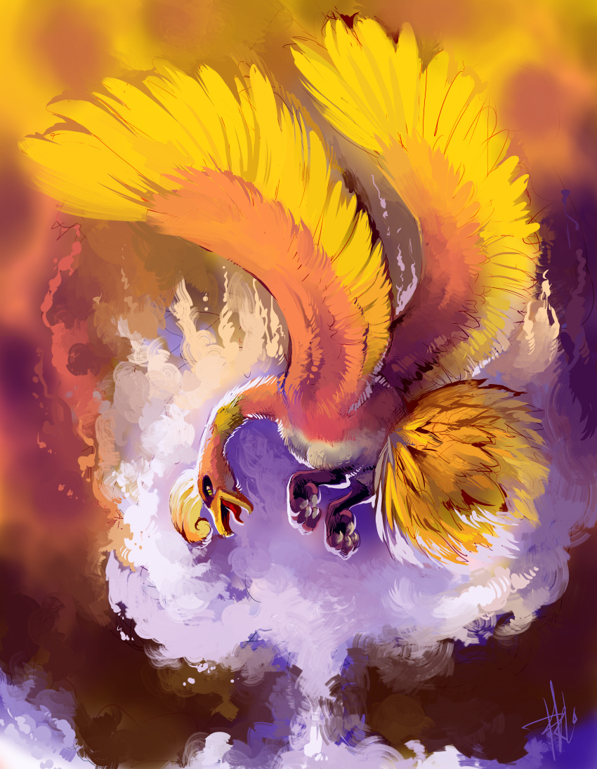 absurdres action bird claws commentary creature fire flying full_body highres ho-oh huge_filesize no_humans pokemon pokemon_(creature) purplekecleon signature smoke solo tongue