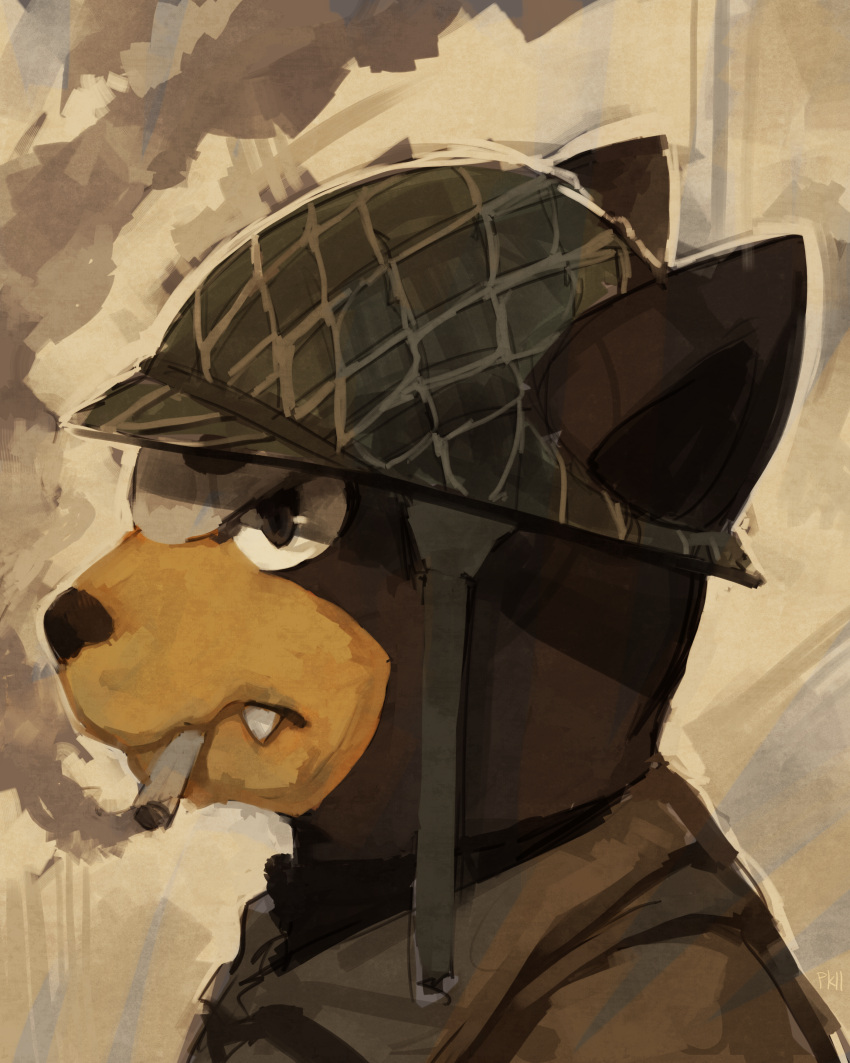 army cigarette clothed_pokemon creature dog face fangs helmet highres houndour huge_filesize no_humans pokemon pokemon_(creature) profile puppy purplekecleon scowl sepia_background signature smoke smoking solo