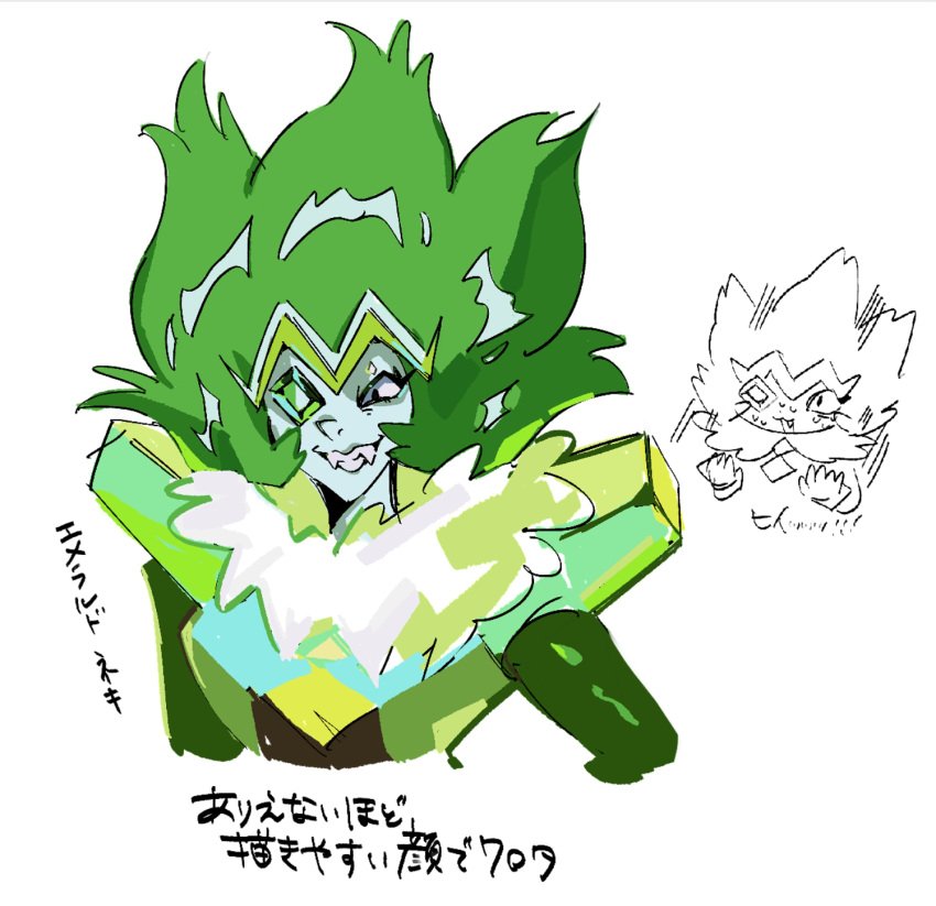 1girl animification antenna0203 colored_skin commentary_request emerald_(steven_universe) fang fangs gem gem_(steven_universe) green_hair green_skin grin highres homeworld_gem_uniform one-eyed short_hair smile steven_universe sweat