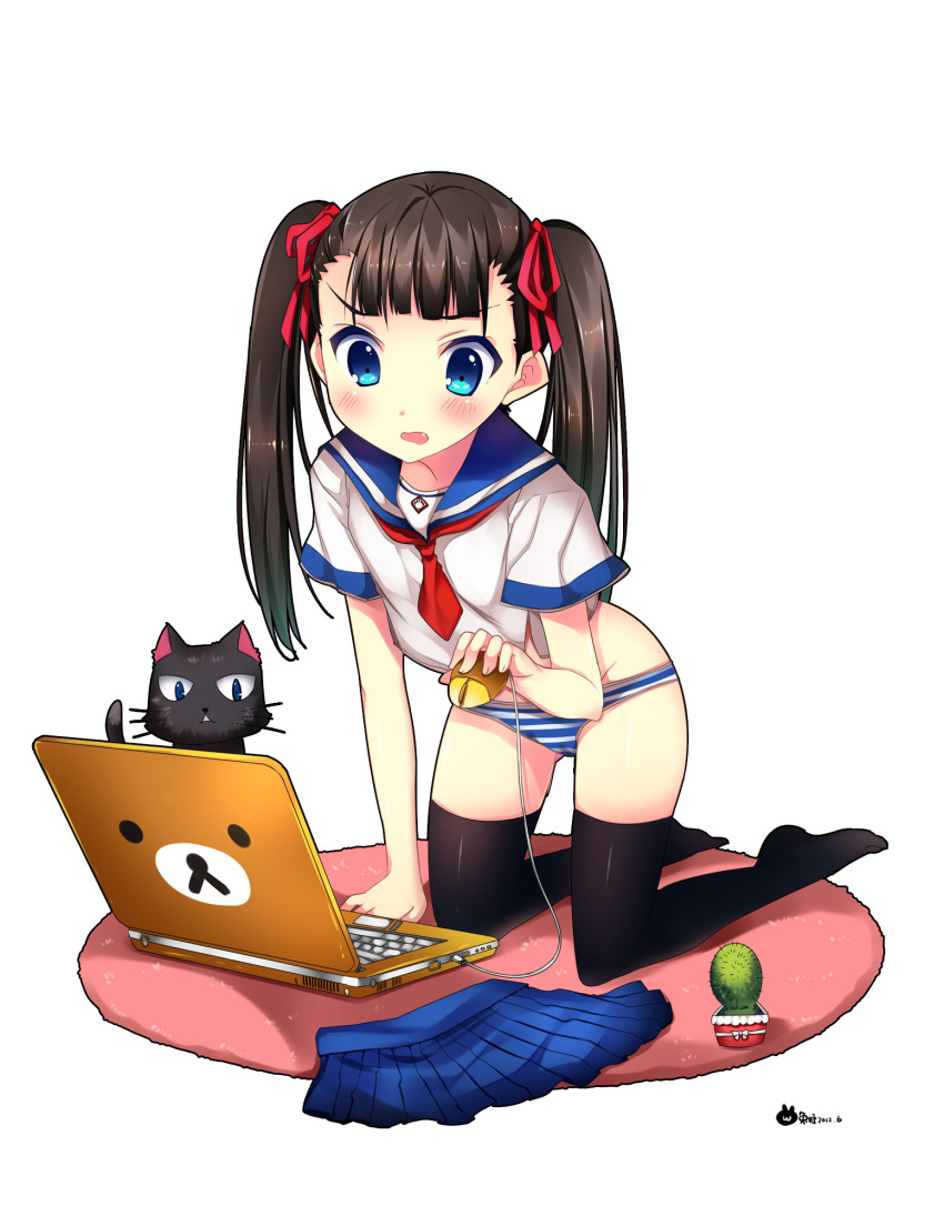 :&lt; black_cat black_hair black_legwear blue_eyes blush cable cactus cat character_request computer computer_mouse copyright_request duji_amo hair_ribbon highres holding kneeling laptop long_hair mat open_mouth panties plant potted_plant ribbon school_uniform serafuku simple_background skirt skirt_removed solo striped striped_panties thigh-highs thighhighs twintails underwear white_background