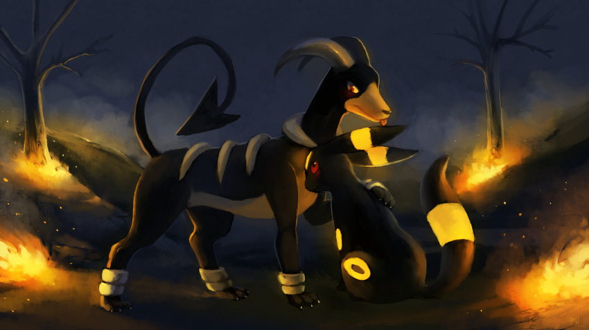 back black burning claws commentary creature fire hand_on_back highres horns houndoom looking_at_viewer night night_sky no_humans pokemon pokemon_(creature) purplekecleon red_eyes sitting sky standing tongue tongue_out tree umbreon
