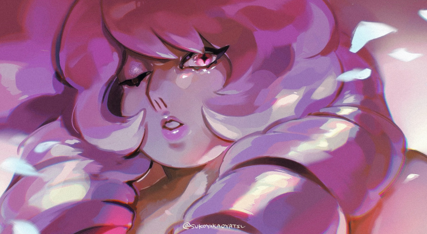 1girl antenna0203 commentary_request eyelashes gem_(steven_universe) highres lips one_eye_closed painterly parted_lips pink_eyes pink_lips ringlets rose_quartz_(steven_universe) solo steven_universe symbol-shaped_pupils upper_body