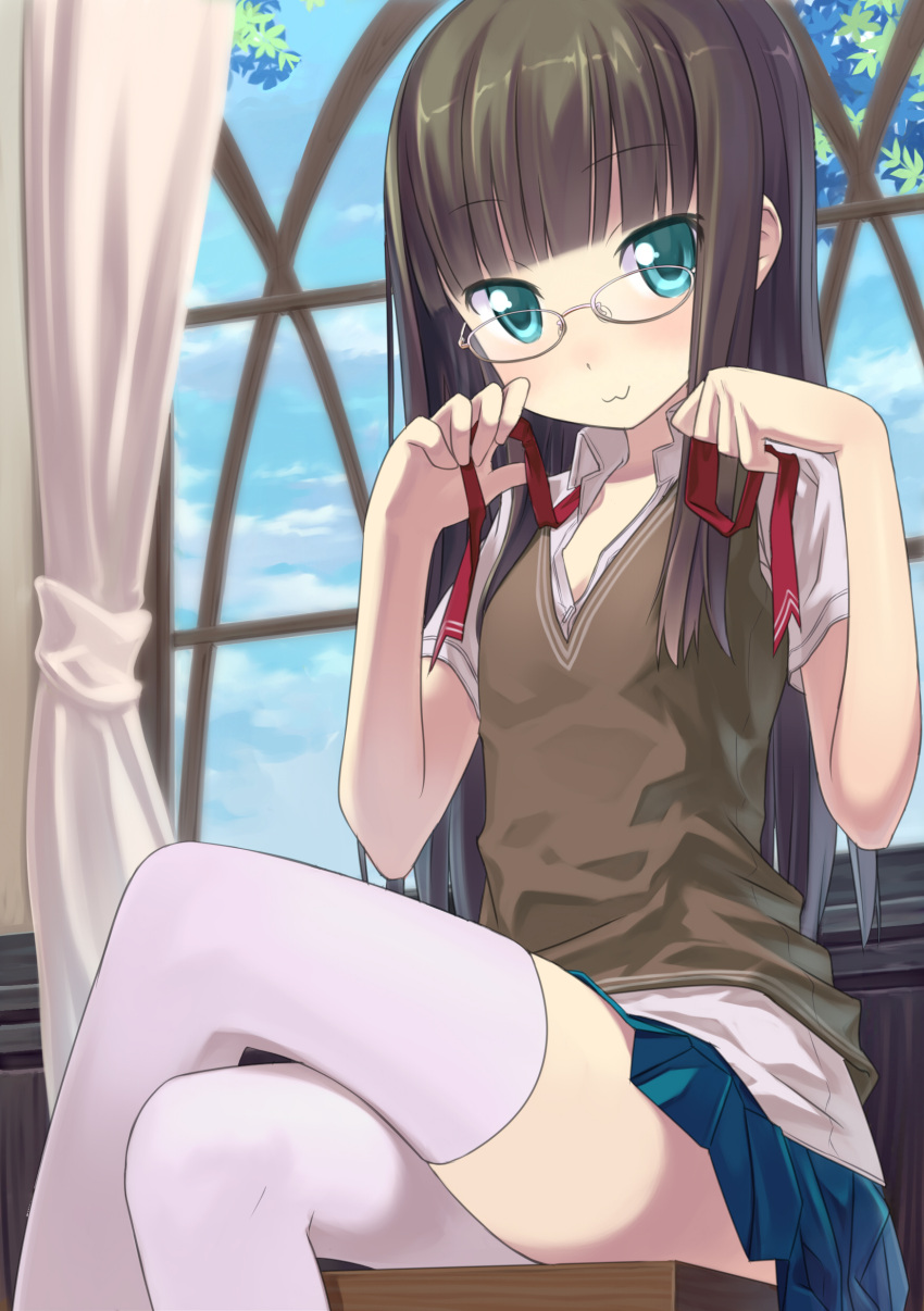 :3 absurdres aqua_eyes bangs blunt_bangs blush brown_hair buntan cloud clouds crossed_legs curtains flat_chest from_below glasses green_eyes green_hair highres hime_cut long_hair looking_at_viewer neck_ribbon open_clothes open_shirt original pleated_skirt ribbon school_uniform short_sleeves sitting skirt smile solo sweater sweater_vest thigh-highs thighhighs undressing v-neck white_legwear window