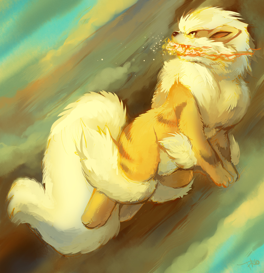 arcanine breathing_fire commentary creature dog fire highres huge_filesize jumping looking_back no_humans pokemon pokemon_(creature) purplekecleon signature yellow_eyes