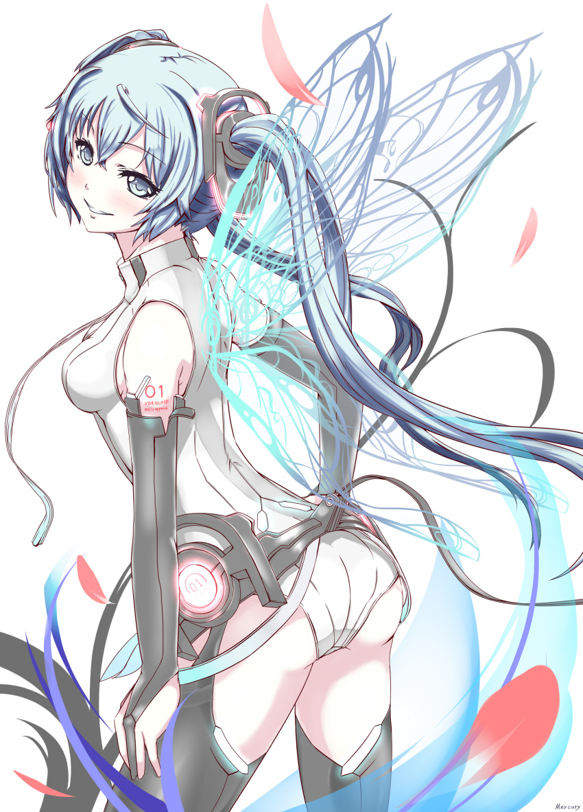 absurdres aqua_eyes aqua_hair ass belt elbow_gloves fingerless_gloves gloves hatsune_miku hatsune_miku_(append) highres long_hair looking_at_viewer looking_back miku_append necktie smile solo suigin_(rumina01) twintails very_long_hair vocaloid vocaloid_append wings