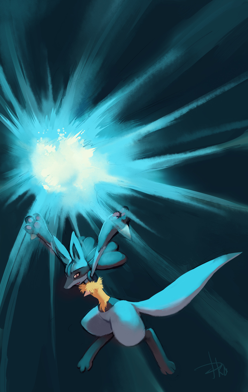 arms_up blue_background brown_eyes commentary creature energy_ball fangs highres huge_filesize light looking_down lucario no_humans pokemon pokemon_(creature) purplekecleon signature solo
