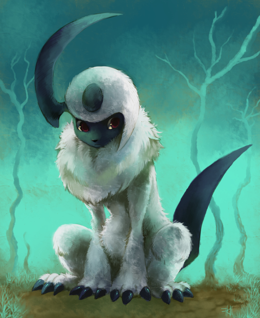 absol absurdres aqua_background creature frown grass ground highres looking_away no_humans pokemon pokemon_(creature) purplekecleon realistic signature sitting solo