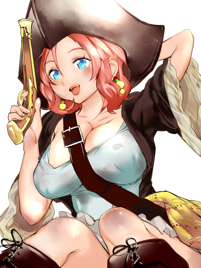 antique_firearm arm_behind_head belt blue_eyes boots breasts cleavage earrings flared_muzzle flintlock gun hat highres igarasy jewelry large_breasts open_mouth original pink_hair pirate_hat pistol shirt short_hair simple_background skirt smile solo weapon white_shirt