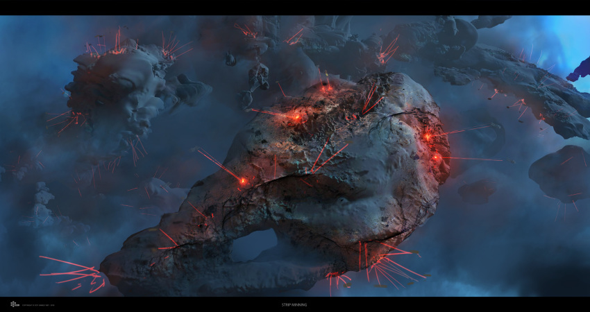 absurdres asteroid asteroid_field blue_background boulder clouds commentary company_logo company_name concept_art crack daniel_matthews dated energy energy_beam english_commentary eve_online floating floating_object floating_rock frigate_(eve_online) glowing grand_scale harvesting_ship_(eve_online) highres landscape laser letterboxed logo mining mining_frigate_(eve_online) mountain no_humans official_art outdoors outer_ring_excavations_(eve_online) photoshop_(medium) rock scenery science_fiction space spacecraft